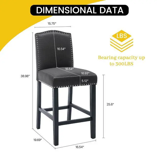 Alt view image 3 of 7 - Counter Height Bar Stool 26 Inches Upholstered High Back Barstool with Antique Nail Heads Solid Wood Set of 4 Counter Height Bar Chairs,Gray
