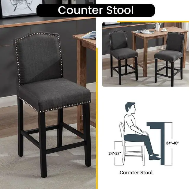 Alt view image 6 of 7 - Counter Height Bar Stool 26 Inches Upholstered High Back Barstool with Antique Nail Heads Solid Wood Set of 4 Counter Height Bar Chairs,Gray