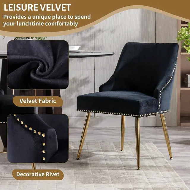 Alt view image 4 of 7 - Velvet Dining Room Chairs Set of 4 Nailhead Back Ring Pull Trim with Gold Legs for Kitchen Living Room(Black)