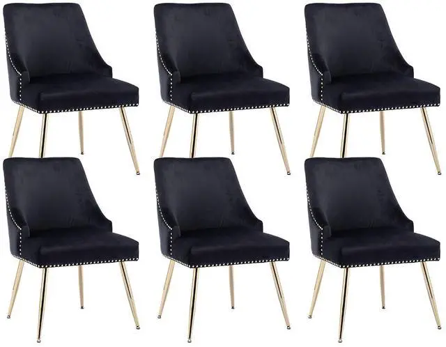 Main image of Velvet Dining Room Chairs Set of 6 Nailhead Back Ring Pull Trim with Gold Legs for Kitchen Living Room(Black)