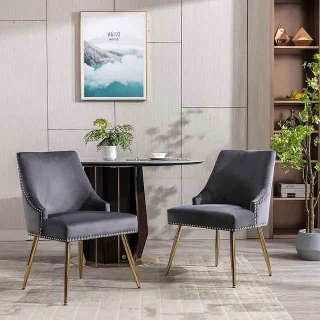 Alt view image 2 of 7 - Velvet Dining Room Chairs Set of 4 Nailhead Back Ring Pull Trim with Gold Legs for Kitchen Living Room(Grey)
