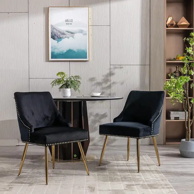 Alt view image 2 of 7 - Velvet Dining Room Chairs Set of 6 Nailhead Back Ring Pull Trim with Gold Legs for Kitchen Living Room(Black)