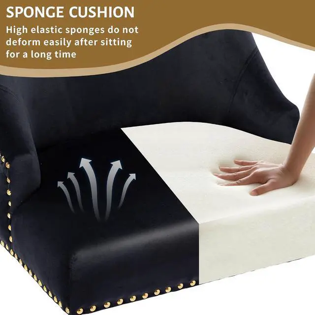 Alt view image 6 of 7 - Velvet Dining Room Chairs Set of 4 Nailhead Back Ring Pull Trim with Gold Legs for Kitchen Living Room(Black)