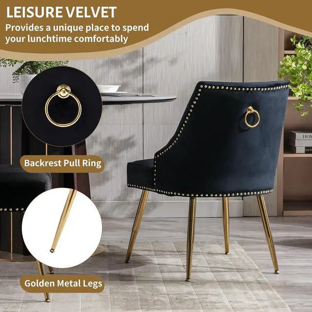 Alt view image 5 of 7 - Velvet Dining Room Chairs Set of 4 Nailhead Back Ring Pull Trim with Gold Legs for Kitchen Living Room(Black)