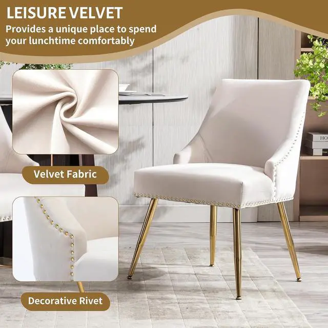 Alt view image 4 of 7 - Velvet Dining Room Chairs Set of 6 Nailhead Back Ring Pull Trim with Gold Legs for Kitchen Living Room(Beige)