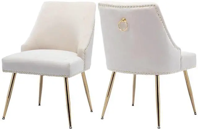 Main image of Velvet Dining Room Chairs Set of 2 Nailhead Back Ring Pull Trim with Gold Legs for Kitchen Living Room(Beige)