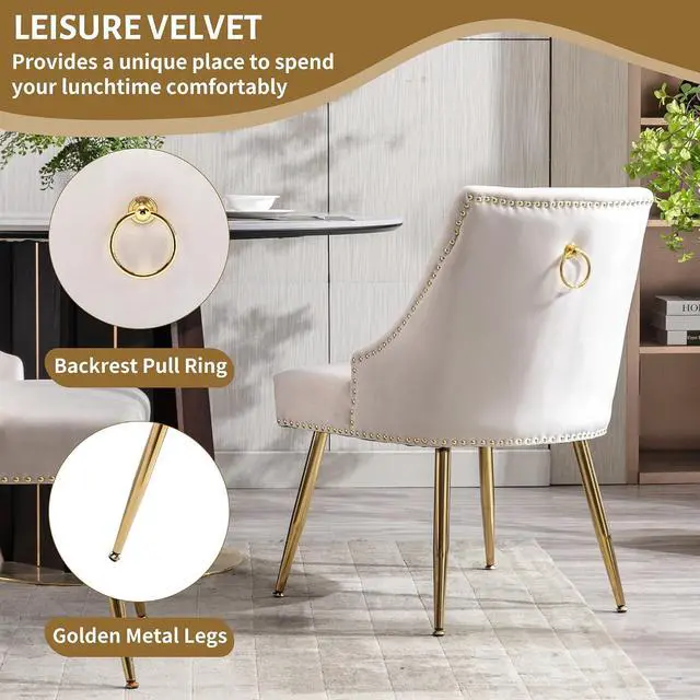 Alt view image 6 of 7 - Velvet Dining Room Chairs Set of 6 Nailhead Back Ring Pull Trim with Gold Legs for Kitchen Living Room(Beige)