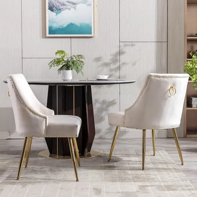Alt view image 2 of 7 - Velvet Dining Room Chairs Set of 2 Nailhead Back Ring Pull Trim with Gold Legs for Kitchen Living Room(Beige)