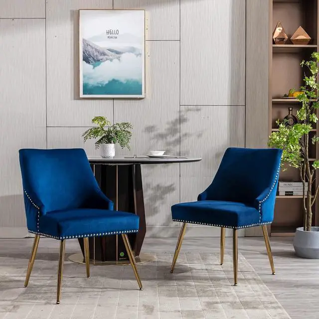 Alt view image 2 of 7 - Velvet Dining Room Chairs Set of 4 Nailhead Back Ring Pull Trim with Gold Legs for Kitchen Living Room(Blue)