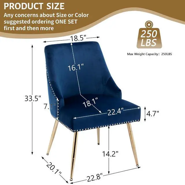 Alt view image 3 of 7 - Velvet Dining Room Chairs Set of 4 Nailhead Back Ring Pull Trim with Gold Legs for Kitchen Living Room(Blue)