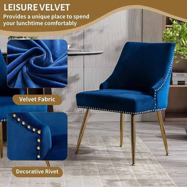 Alt view image 4 of 7 - Velvet Dining Room Chairs Set of 4 Nailhead Back Ring Pull Trim with Gold Legs for Kitchen Living Room(Blue)