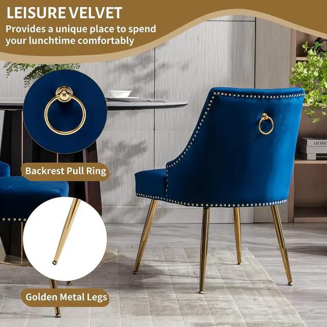 Alt view image 5 of 7 - Velvet Dining Room Chairs Set of 4 Nailhead Back Ring Pull Trim with Gold Legs for Kitchen Living Room(Blue)