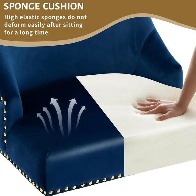 Alt view image 6 of 7 - Velvet Dining Room Chairs Set of 4 Nailhead Back Ring Pull Trim with Gold Legs for Kitchen Living Room(Blue)