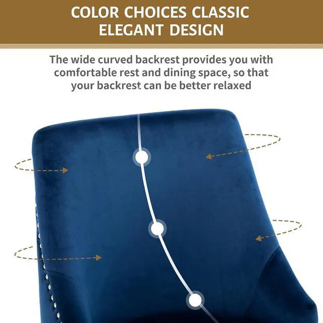 Alt view image 7 of 7 - Velvet Dining Room Chairs Set of 4 Nailhead Back Ring Pull Trim with Gold Legs for Kitchen Living Room(Blue)