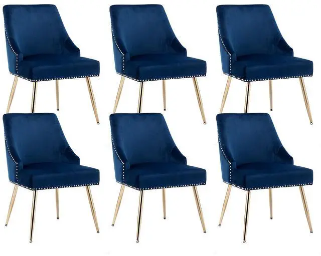 Main image of Velvet Dining Room Chairs Set of 6 Nailhead Back Ring Pull Trim with Gold Legs for Kitchen Living Room(Blue)
