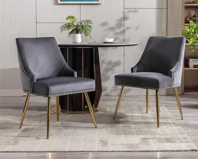 Alt view image 2 of 7 - Velvet Dining Room Chairs Set of 2 Nailhead Back Ring Pull Trim with Gold Legs for Kitchen Living Room(Grey)
