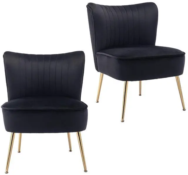 Main image of Modern Velvet Upholstered Accent Chair Set of 2,Mid Century Living Room Chairs with Golden Legs,Comfy Armless Chair Wingback Single Sofa Side Chair for Bedroom,Black