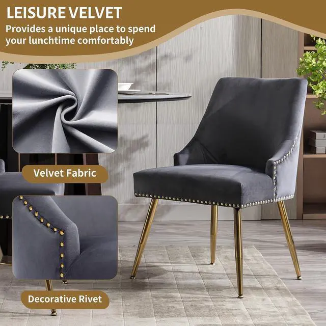 Alt view image 4 of 7 - Velvet Dining Room Chairs Set of 4 Nailhead Back Ring Pull Trim with Gold Legs for Kitchen Living Room(Grey)