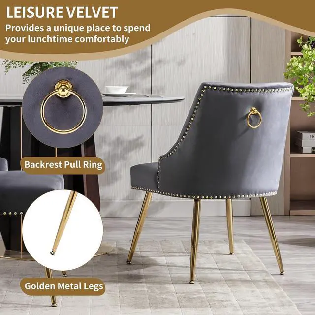 Alt view image 5 of 7 - Velvet Dining Room Chairs Set of 4 Nailhead Back Ring Pull Trim with Gold Legs for Kitchen Living Room(Grey)