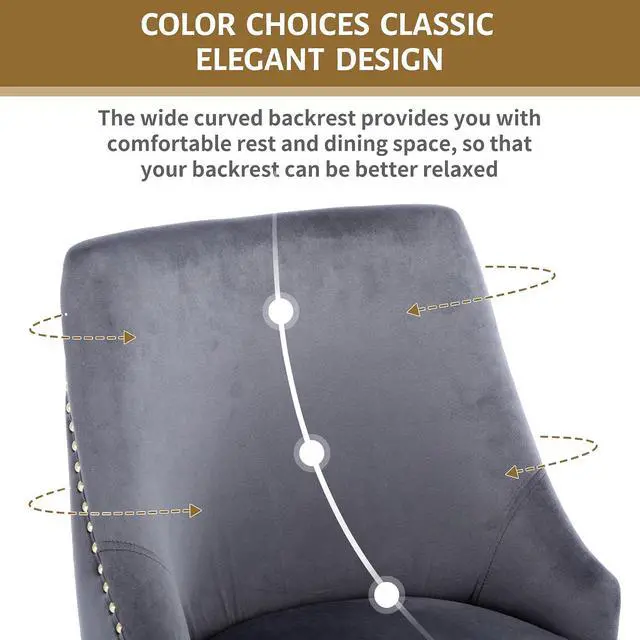 Alt view image 7 of 7 - Velvet Dining Room Chairs Set of 4 Nailhead Back Ring Pull Trim with Gold Legs for Kitchen Living Room(Grey)