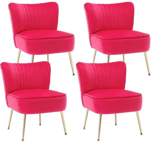 Main image of Modern Velvet Upholstered Accent Chair Set of 4,Mid Century Living Room Chairs with Golden Legs,Comfy Armless Chair Wingback Single Sofa Side Chair for Bedroom,Hot Pink