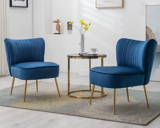 Alt view image 2 of 7 - Modern Velvet Upholstered Accent Chair Set of 2,Mid Century Living Room Chairs with Golden Legs,Comfy Armless Chair Wingback Single Sofa Side Chair for Bedroom,Blue