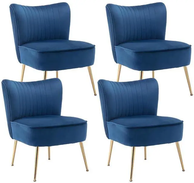 Main image of Modern Velvet Upholstered Accent Chair Set of 4,Mid Century Living Room Chairs with Golden Legs,Comfy Armless Chair Wingback Single Sofa Side Chair for Bedroom,Blue