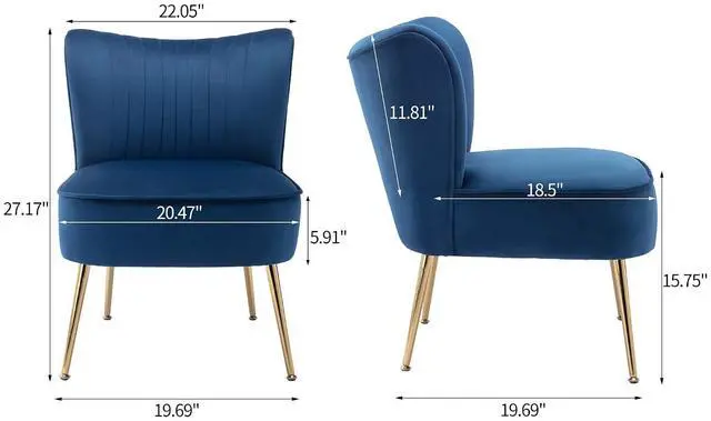 Alt view image 3 of 7 - Modern Velvet Upholstered Accent Chair Set of 2,Mid Century Living Room Chairs with Golden Legs,Comfy Armless Chair Wingback Single Sofa Side Chair for Bedroom,Blue