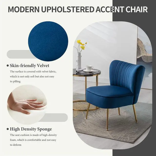 Alt view image 4 of 7 - Modern Velvet Upholstered Accent Chair Set of 2,Mid Century Living Room Chairs with Golden Legs,Comfy Armless Chair Wingback Single Sofa Side Chair for Bedroom,Blue