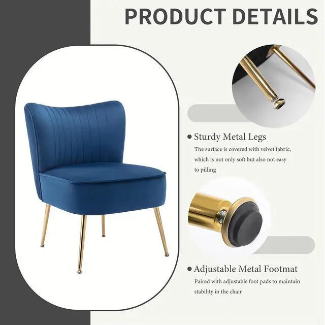 Alt view image 5 of 7 - Modern Velvet Upholstered Accent Chair Set of 2,Mid Century Living Room Chairs with Golden Legs,Comfy Armless Chair Wingback Single Sofa Side Chair for Bedroom,Blue