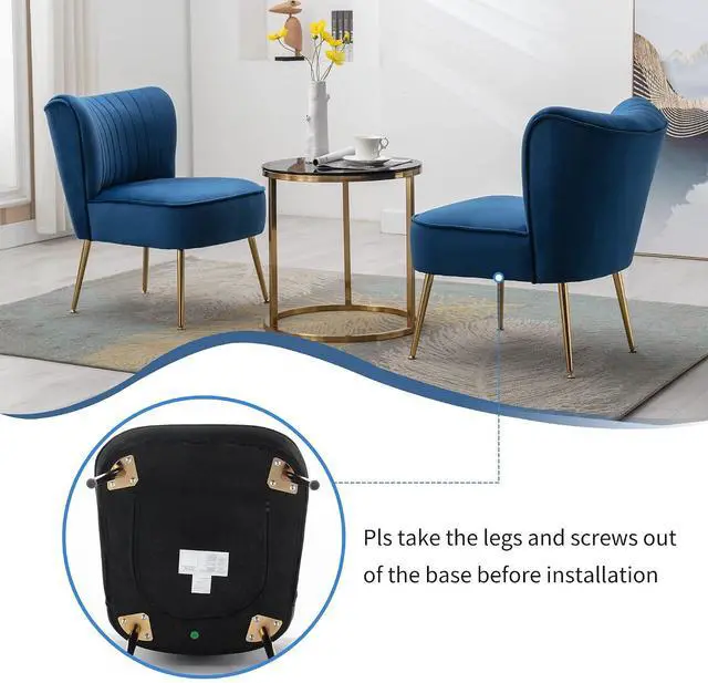 Alt view image 6 of 7 - Modern Velvet Upholstered Accent Chair Set of 2,Mid Century Living Room Chairs with Golden Legs,Comfy Armless Chair Wingback Single Sofa Side Chair for Bedroom,Blue