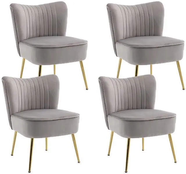 Main image of Modern Velvet Upholstered Accent Chair Set of 4,Mid Century Living Room Chairs with Golden Legs,Comfy Armless Chair Wingback Single Sofa Side Chair for Bedroom,Light Gray