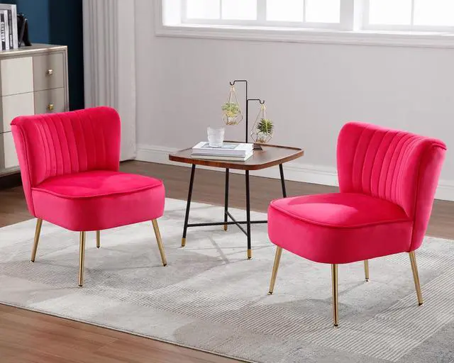 Alt view image 2 of 7 - Modern Velvet Upholstered Accent Chair Set of 2,Mid Century Living Room Chairs with Golden Legs,Comfy Armless Chair Wingback Single Sofa Side Chair for Bedroom,Hot Pink