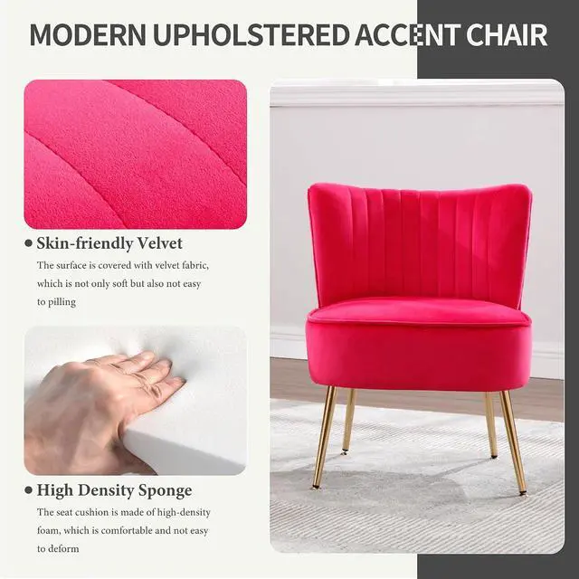 Alt view image 4 of 7 - Modern Velvet Upholstered Accent Chair Set of 2,Mid Century Living Room Chairs with Golden Legs,Comfy Armless Chair Wingback Single Sofa Side Chair for Bedroom,Hot Pink