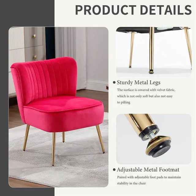 Alt view image 5 of 7 - Modern Velvet Upholstered Accent Chair Set of 2,Mid Century Living Room Chairs with Golden Legs,Comfy Armless Chair Wingback Single Sofa Side Chair for Bedroom,Hot Pink