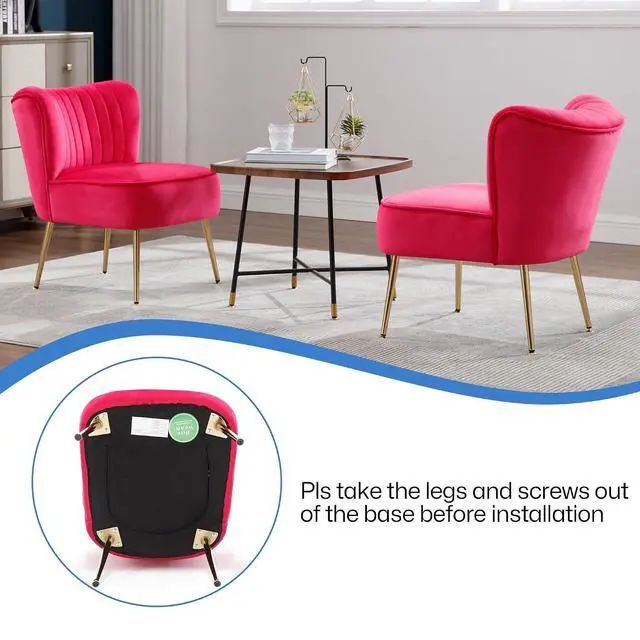 Alt view image 6 of 7 - Modern Velvet Upholstered Accent Chair Set of 2,Mid Century Living Room Chairs with Golden Legs,Comfy Armless Chair Wingback Single Sofa Side Chair for Bedroom,Hot Pink
