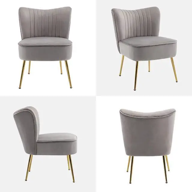 Alt view image 7 of 7 - Modern Velvet Upholstered Accent Chair Set of 4,Mid Century Living Room Chairs with Golden Legs,Comfy Armless Chair Wingback Single Sofa Side Chair for Bedroom,Light Gray