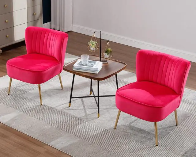 Alt view image 7 of 7 - Modern Velvet Upholstered Accent Chair Set of 2,Mid Century Living Room Chairs with Golden Legs,Comfy Armless Chair Wingback Single Sofa Side Chair for Bedroom,Hot Pink