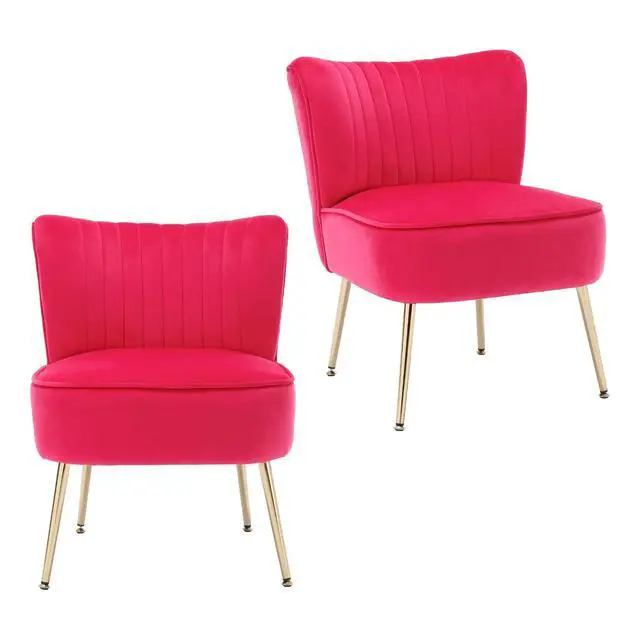 Main image of Modern Velvet Upholstered Accent Chair Set of 2,Mid Century Living Room Chairs with Golden Legs,Comfy Armless Chair Wingback Single Sofa Side Chair for Bedroom,Hot Pink