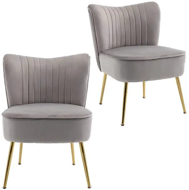Main image of Modern Velvet Upholstered Accent Chair Set of 2,Mid Century Living Room Chairs with Golden Legs,Comfy Armless Chair Wingback Single Sofa Side Chair for Bedroom,Light Gray