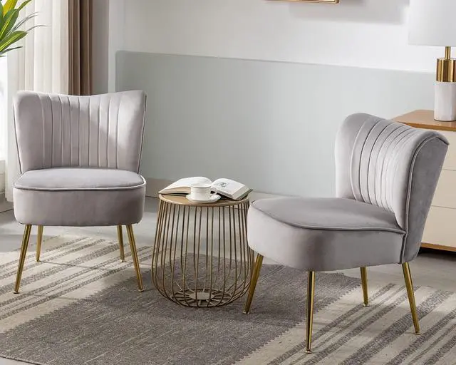Alt view image 2 of 7 - Modern Velvet Upholstered Accent Chair Set of 2,Mid Century Living Room Chairs with Golden Legs,Comfy Armless Chair Wingback Single Sofa Side Chair for Bedroom,Light Gray