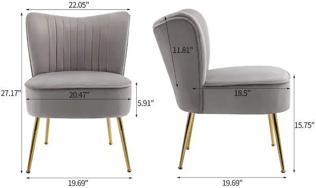 Alt view image 3 of 7 - Modern Velvet Upholstered Accent Chair Set of 2,Mid Century Living Room Chairs with Golden Legs,Comfy Armless Chair Wingback Single Sofa Side Chair for Bedroom,Light Gray
