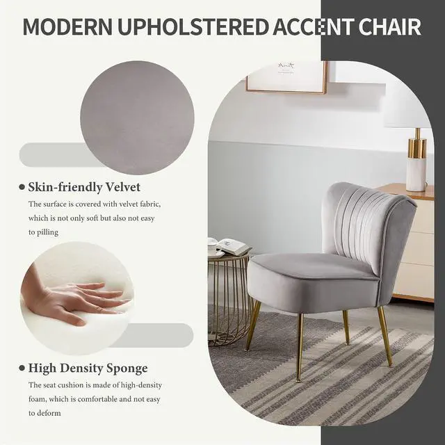 Alt view image 4 of 7 - Modern Velvet Upholstered Accent Chair Set of 2,Mid Century Living Room Chairs with Golden Legs,Comfy Armless Chair Wingback Single Sofa Side Chair for Bedroom,Light Gray