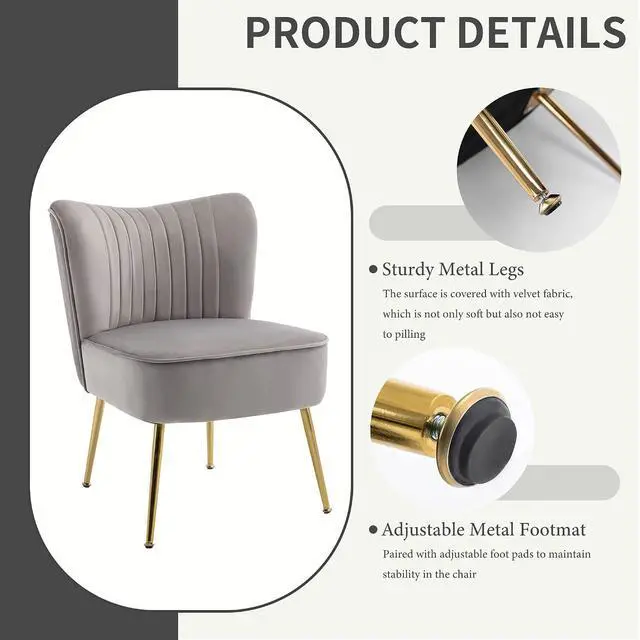 Alt view image 6 of 7 - Modern Velvet Upholstered Accent Chair Set of 2,Mid Century Living Room Chairs with Golden Legs,Comfy Armless Chair Wingback Single Sofa Side Chair for Bedroom,Light Gray