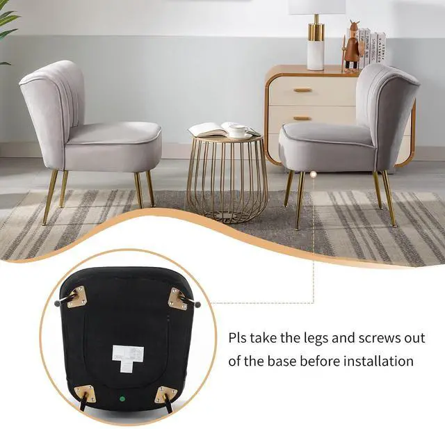 Alt view image 7 of 7 - Modern Velvet Upholstered Accent Chair Set of 2,Mid Century Living Room Chairs with Golden Legs,Comfy Armless Chair Wingback Single Sofa Side Chair for Bedroom,Light Gray
