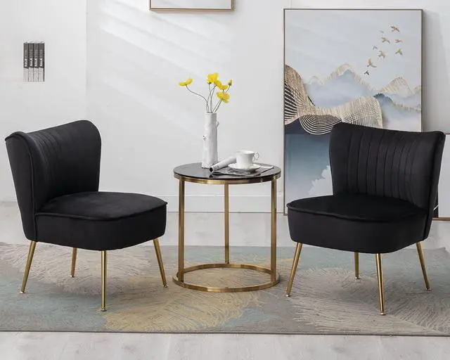 Alt view image 2 of 7 - Modern Velvet Upholstered Accent Chair Set of 2,Mid Century Living Room Chairs with Golden Legs,Comfy Armless Chair Wingback Single Sofa Side Chair for Bedroom,Black