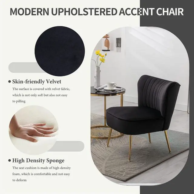 Alt view image 4 of 7 - Modern Velvet Upholstered Accent Chair Set of 2,Mid Century Living Room Chairs with Golden Legs,Comfy Armless Chair Wingback Single Sofa Side Chair for Bedroom,Black