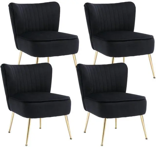 Main image of Modern Velvet Upholstered Accent Chair Set of 4,Mid Century Living Room Chairs with Golden Legs,Comfy Armless Chair Wingback Single Sofa Side Chair for Bedroom,Black