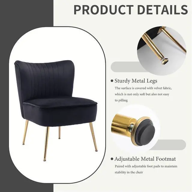 Alt view image 5 of 7 - Modern Velvet Upholstered Accent Chair Set of 2,Mid Century Living Room Chairs with Golden Legs,Comfy Armless Chair Wingback Single Sofa Side Chair for Bedroom,Black