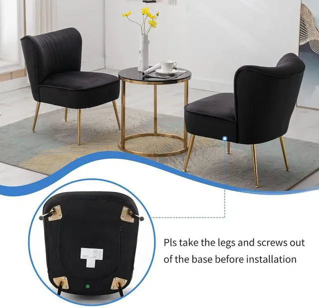 Alt view image 6 of 7 - Modern Velvet Upholstered Accent Chair Set of 2,Mid Century Living Room Chairs with Golden Legs,Comfy Armless Chair Wingback Single Sofa Side Chair for Bedroom,Black